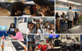 A collage of images that show five Johnson College Prep teachers in Chicago, IL with their students, from teaching to attending celebrations.