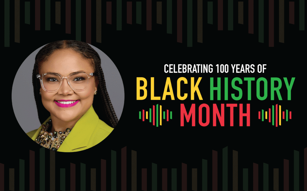 A headshot of Jillian Carew, Assistant Director of Targeted Student Support at Noble Schools in Chicago, IL, sits next to a logo in pan-African colors that says "Celebrating 100 years of Black History Month".