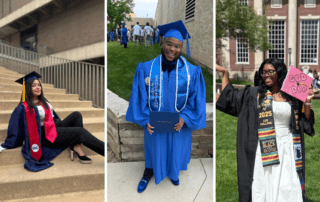 A collage of three images that show Noble alumni in their college graduation robes on campus.
