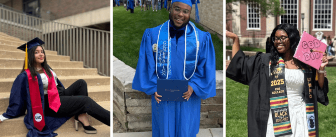 A collage of three images that show Noble alumni in their college graduation robes on campus.