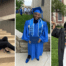 A collage of three images that show Noble alumni in their college graduation robes on campus.