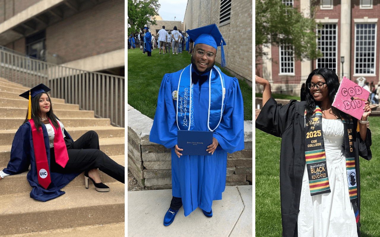 A collage of three images that show Noble alumni in their college graduation robes on campus.