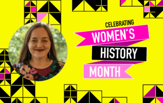 There is a black, pink, and purple ribbon that has the words "Women's History Month" on top of it. To the left of that is a headshot of Casey Reit, a white woman with long light brown hair and a floral blouse on. All around the photo and ribbon are black, pink, and purple boxes and arrows that look like a quilting pattern.