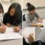 A collage of two images showing student newspaper members scanning over printed Golder Gazettes and marking them with pens.