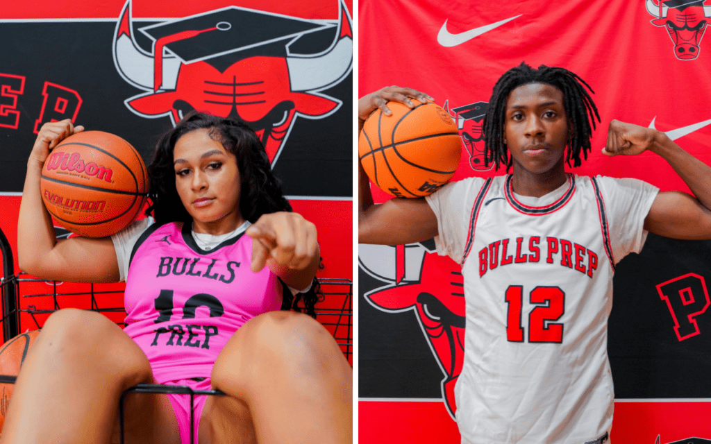 A collage of two images. The one on the left is a professional shot of Aaniyah Williams-Perez. The right one is a professional shot of Mekhi Slaughter. They are both holding basketballs and in front of a Chicago Bulls College Prep backdrop.