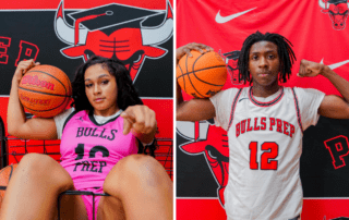 A collage of two images. The one on the left is a professional shot of Aaniyah Williams-Perez. The right one is a professional shot of Mekhi Slaughter. They are both holding basketballs and in front of a Chicago Bulls College Prep backdrop.