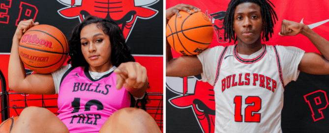 A collage of two images. The one on the left is a professional shot of Aaniyah Williams-Perez. The right one is a professional shot of Mekhi Slaughter. They are both holding basketballs and in front of a Chicago Bulls College Prep backdrop.
