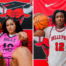A collage of two images. The one on the left is a professional shot of Aaniyah Williams-Perez. The right one is a professional shot of Mekhi Slaughter. They are both holding basketballs and in front of a Chicago Bulls College Prep backdrop.