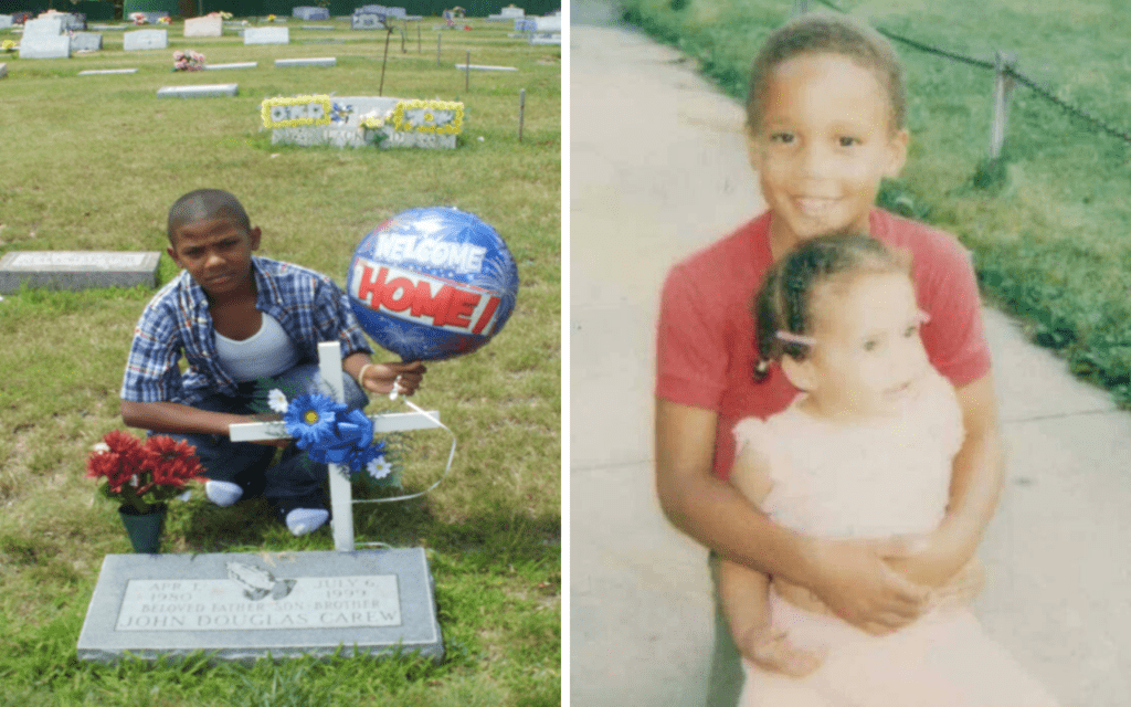 A collage of two images that show Jillian Carew's family. The one on the left is of her nephew by her brother's grave. The one on the right is of her being held by her older brother when they were both young children.