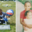 A collage of two images that show Jillian Carew's family. The one on the left is of her nephew by her brother's grave. The one on the right is of her being held by her older brother when they were both young children.