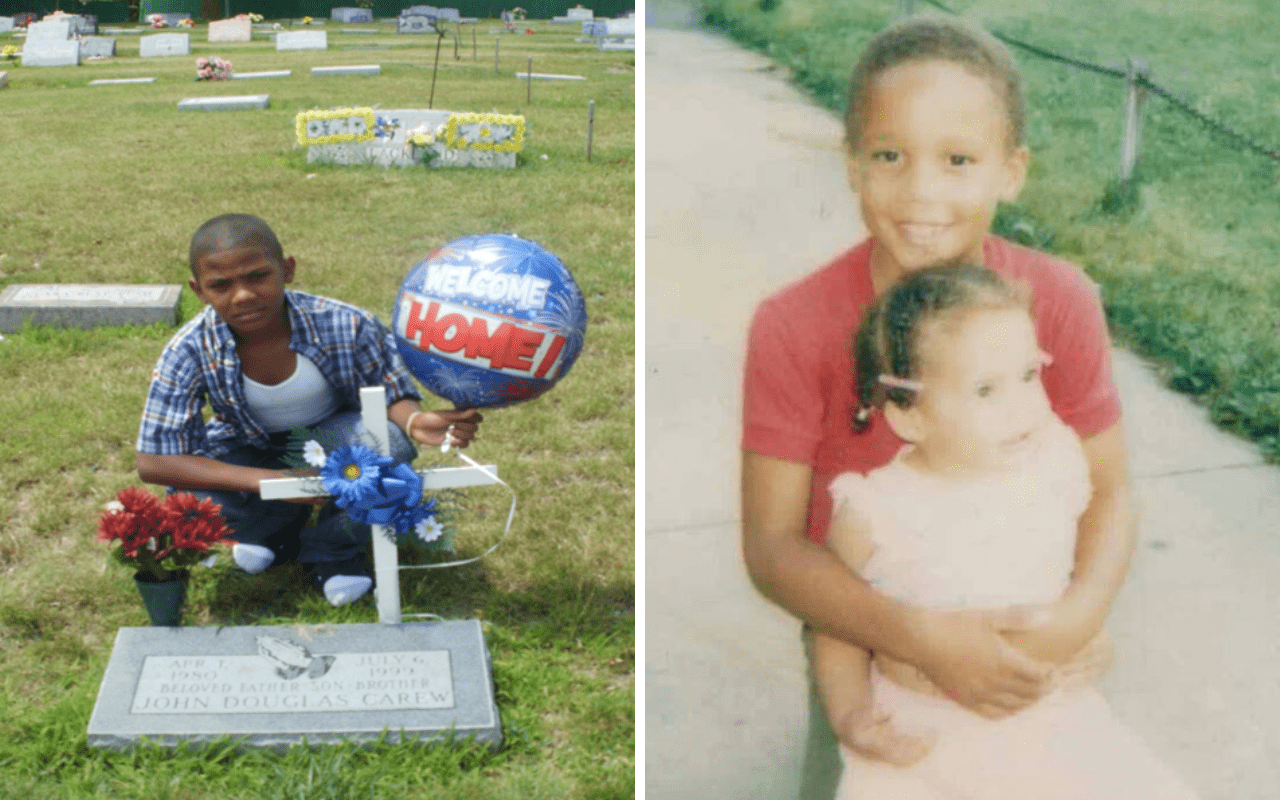 A collage of two images that show Jillian Carew's family. The one on the left is of her nephew by her brother's grave. The one on the right is of her being held by her older brother when they were both young children.