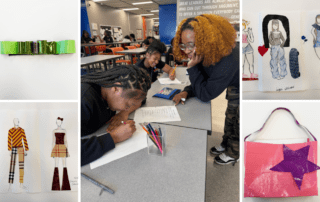 A collage of five different images. The big central one is of Tahkhyrah Pickett, a teacher at Butler College Prep in Chicago, IL, leaning in to help a student with their work. Around that image are photos showing different fashion art projects, from sketches to duct tape constructed pieces.