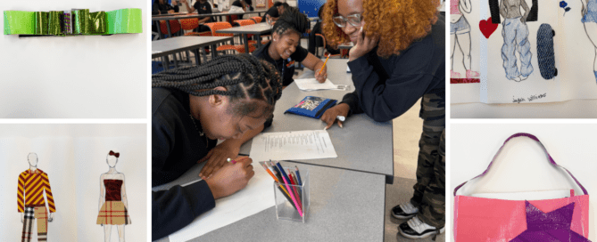 A collage of five different images. The big central one is of Tahkhyrah Pickett, a teacher at Butler College Prep in Chicago, IL, leaning in to help a student with their work. Around that image are photos showing different fashion art projects, from sketches to duct tape constructed pieces.