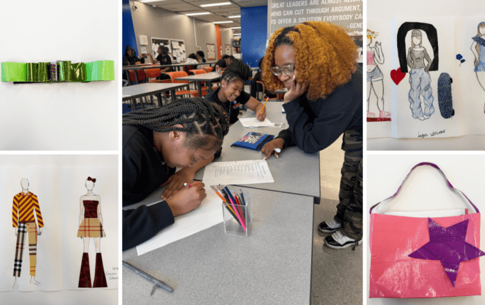 A collage of five different images. The big central one is of Tahkhyrah Pickett, a teacher at Butler College Prep in Chicago, IL, leaning in to help a student with their work. Around that image are photos showing different fashion art projects, from sketches to duct tape constructed pieces.