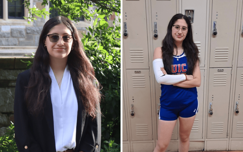 A collage of two images of Aliana Gonzalez, a recently graduated senior from UIC College Prep in Chicago, IL. She is dressed up in business casual on the one on the left and standing outside. She is in her UICCP track uniform on the rightmost photo, standing with her arms crossed in front of hallway lockers.