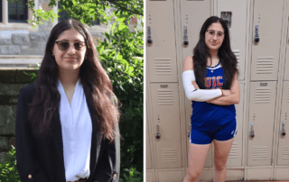 A collage of two images of Aliana Gonzalez, a recently graduated senior from UIC College Prep in Chicago, IL. She is dressed up in business casual on the one on the left and standing outside. She is in her UICCP track uniform on the rightmost photo, standing with her arms crossed in front of hallway lockers.