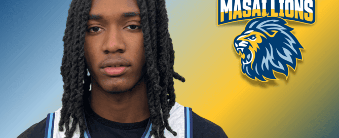 A headshot of Quincy Stone, a young Black man with shoulder-length locs and a white and blue basketball jersey. Above his right shoulder is the Masai Lions mascot for Rowe-Clark Math and Science Academy in Chicago, IL.