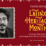 Graphic says "Celebrating Latinx Heritage Month. Strange Harvests: Latinidad and the Art of World-Building. By Omar Esparza. A headshot of Esparza is to the left of the words, set in a frame that resembles papel picado.